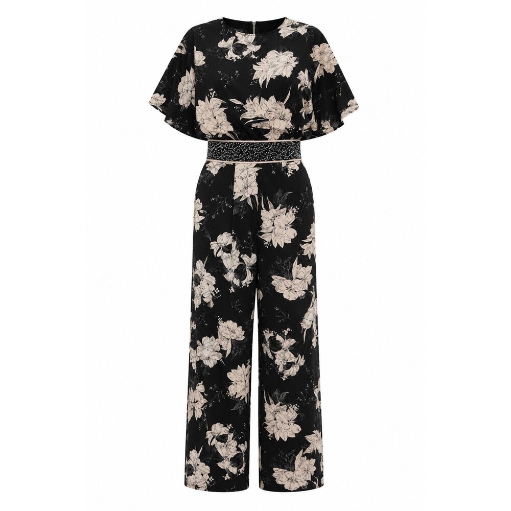 Piper & Scoot Jumpsuit Women's Medium Black Floral Short Sleeve Belted Wide Leg